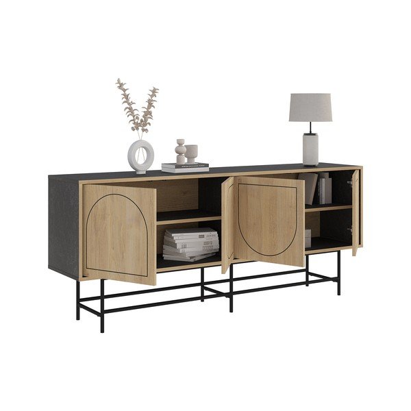 Fekete-natúr színű alacsony komód tölgyfa dekorral 187x77,5 cm Giana – Marckeric-image-4