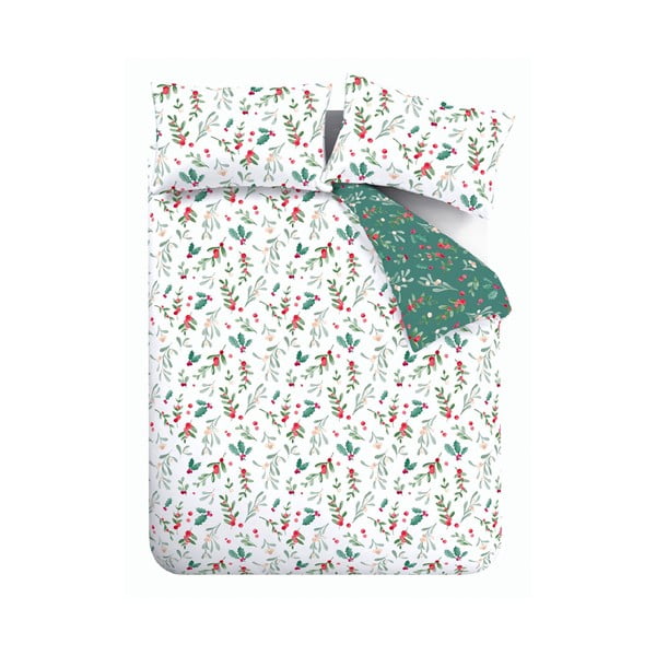 Fehér-zöld kétszemélyes-hosszabbított flanel ágyneműhuzat 230x220 cm Holly and Mistletoe – Catherine Lansfield