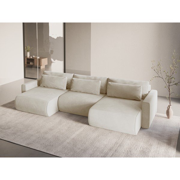 Bézs bársony kinyitható tárolóhelyes sarokkanapé (U alakú)  Belfast – Cosmopolitan Design-image-1