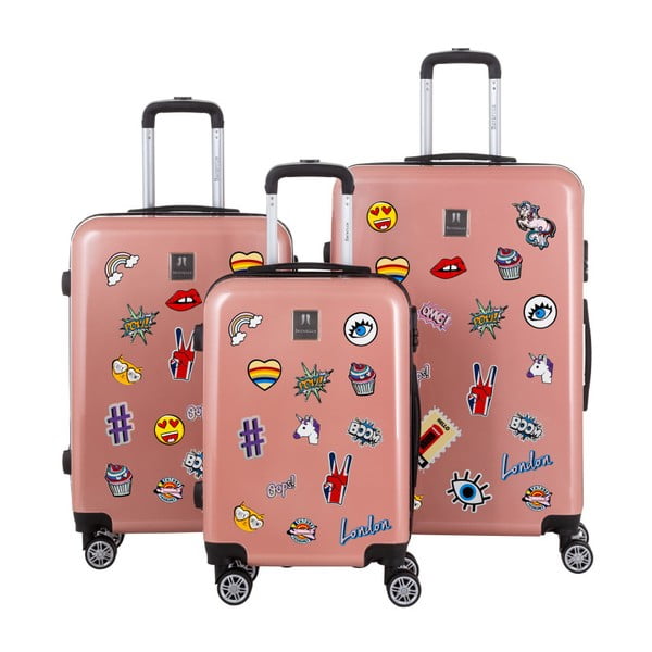 Stickers 3 db-os tört rózsaszín bőrönd szett matricákkal - Berenice