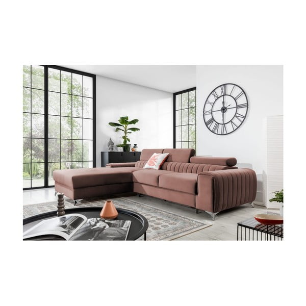 Rózsaszín bársony kinyitható-tárolóhelyes sarokkanapé (bal oldali-heverő résszel) Grayson – ELTAP-image-1