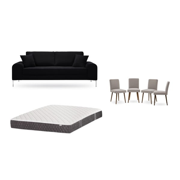 Fekete, háromszemélyes kanapé, 4 db szürkésbézs szék, matrac (160 x 200 cm) szett - Home Essentials