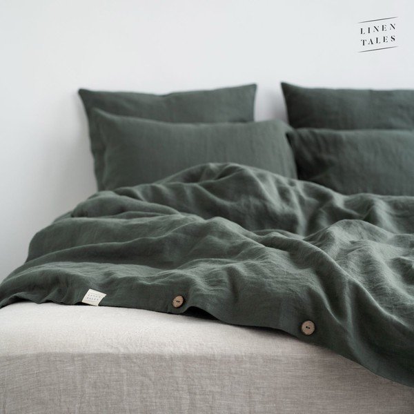 Sötétzöld egyszemélyes-hosszabbított len paplanhuzat 140x220 cm Forest Green  – Linen Tales-image-4
