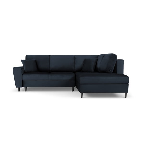 Sötétkék bársony kinyitható tárolóhelyes sarokkanapé (jobb oldali-L alakú) Kyoto – Cosmopolitan Design