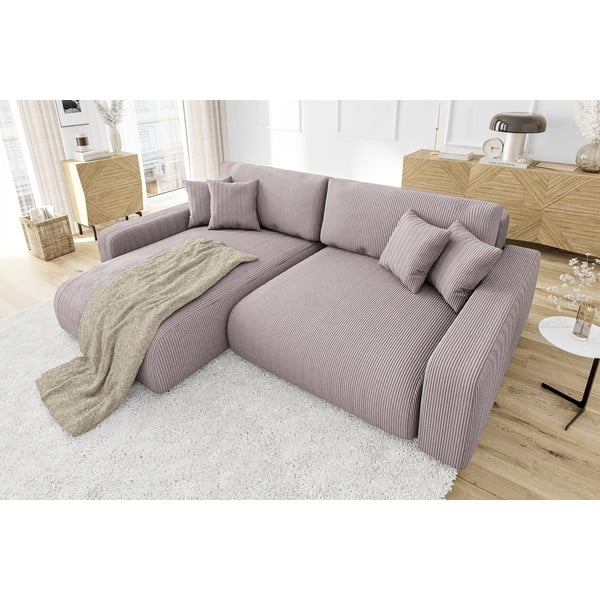 Világos rózsaszín kordbársony kinyitható sarokkanapé (variálható) Sara – Ropez-image-4