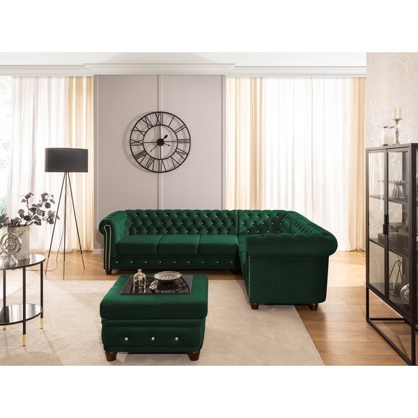 Zöld bársony kinyitható sarokkanapé (jobb oldali-L alakú) York Blik – Ropez-image-4