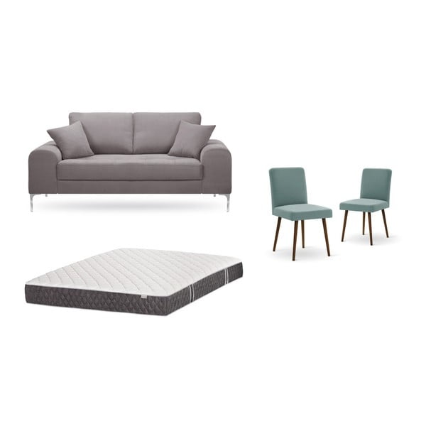 Barna, kétszemélyes kanapé, 2 db zöldesszürke szék, matrac (140 x 200 cm) szett - Home Essentials