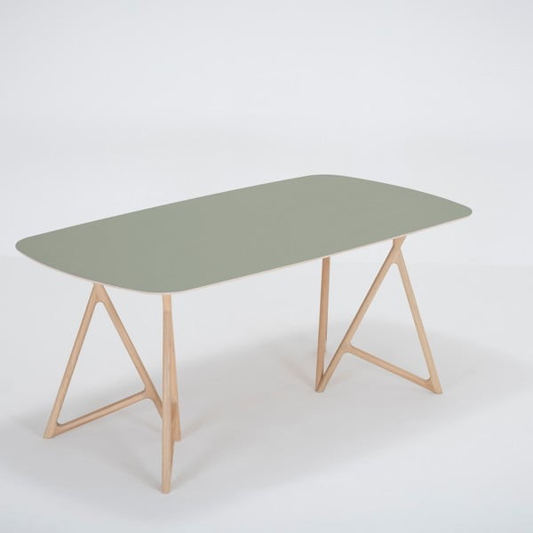 Koza tömör tölgyfa étkezőasztal zöld asztallappal, 180 x 90 cm - Gazzda
