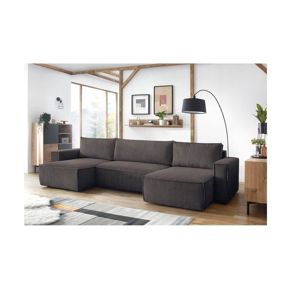 Szürkésbarna kordbársony kinyitható (U alakú) sarokkanapé Nihad – Bobochic Paris-image-1