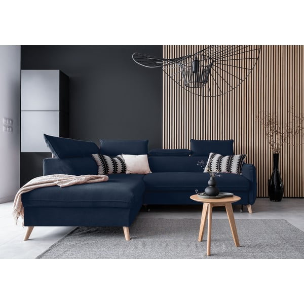 Sötétkék bársony kinyitható sarokkanapé (bal oldali) Sweet Harmony – Miuform-image-1