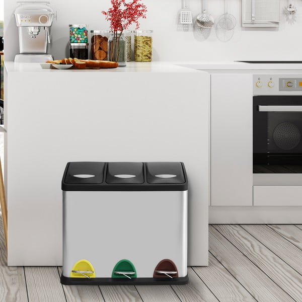 Matt ezüstszínű acél szelektív pedálos szemetes 3x8 l   Tri Selectif – MSV-image-1