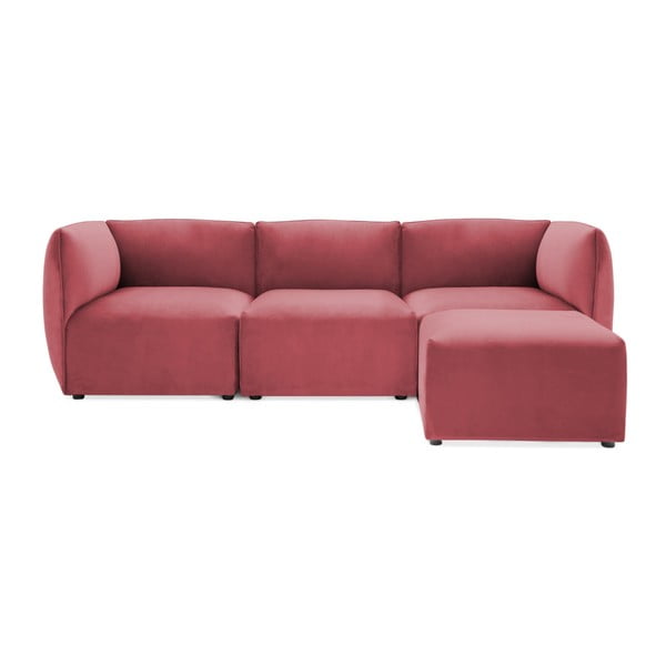 Velvet Cube pirosas rózsaszín háromszemélyes, elemes ülőgarnitúra lábtartóval - Vivonita