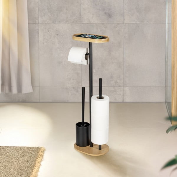 Fekete-natúr színű acél WC-papír tartó állvány WC-kefével Pomarolo – Wenko-image-1