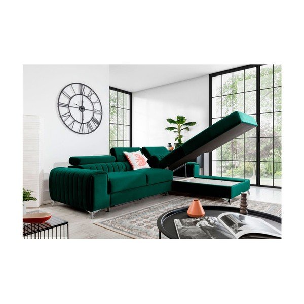 Zöld bársony kinyitható-tárolóhelyes sarokkanapé (jobb oldali-heverő résszel) Grayson – ELTAP-image-3