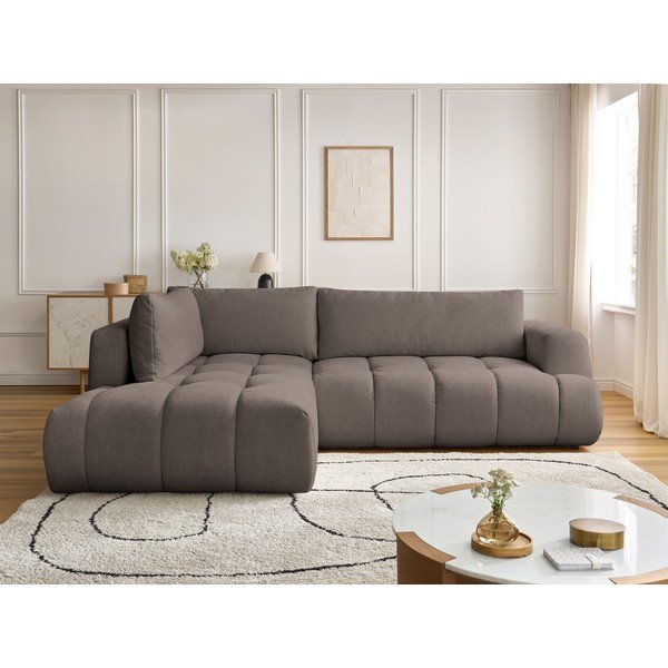 Szürkésbarna kinyitható-tárolóhelyes sarokkanapé (bal oldali-L alakú) Fuji – Bobochic Paris-image-1