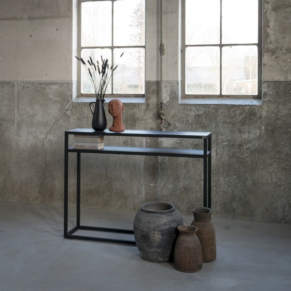 Fekete konzolasztal tölgyfa asztallappal 30x120 cm Daniël – Spinder Design-image-2