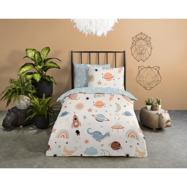 Kék-bézs egyszemélyes pamut gyerek ágyneműhuzat 140x200 cm Eclips – Good Morning-image-1