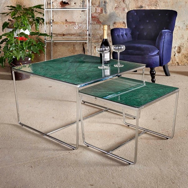 Stella 2 db-os dohányzóasztal szett ezüstszínű vázzal és zöld márvány asztallappal - RGE