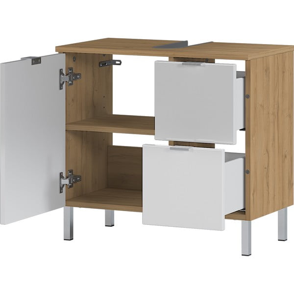 Mauresa fehér szekrény tölgyfa díszítéssel a mosdó alá, szélesség 60 cm - Germania-image-3