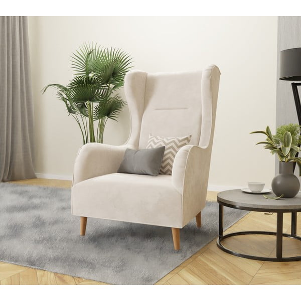 Krémszínű bársony füles fotel Carole – Ropez-image-3