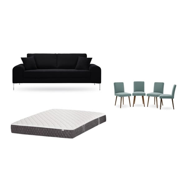 Fekete, háromszemélyes kanapé, 4 db szürkészöld szék, matrac (160 x 200 cm) szett - Home Essentials