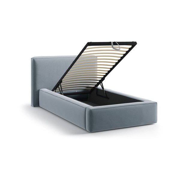 Világoskék kárpitozott ágyneműtartós egyszemélyes ágy ágyráccsal 90x200 cm Jodie – Micadoni -image-1