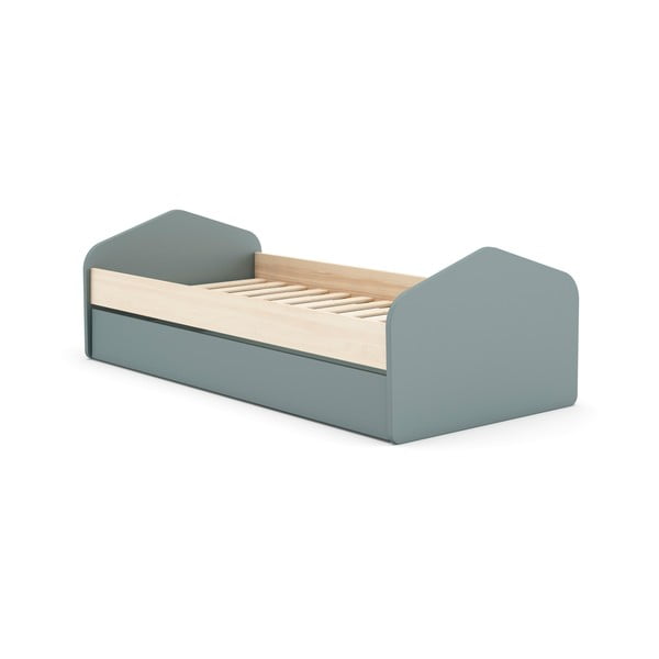 Natúr színű-szürkészöld ágyneműtartós gyerekágy kihúzható pótággyal ágyráccsal 90x200 cm borovi fenyő dekorral Estefania – Marckeric-image-1