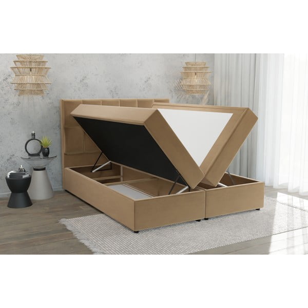 Okkersárga ágyneműtartós boxspring ágy 140x200 cm Flip – Ropez-image-3