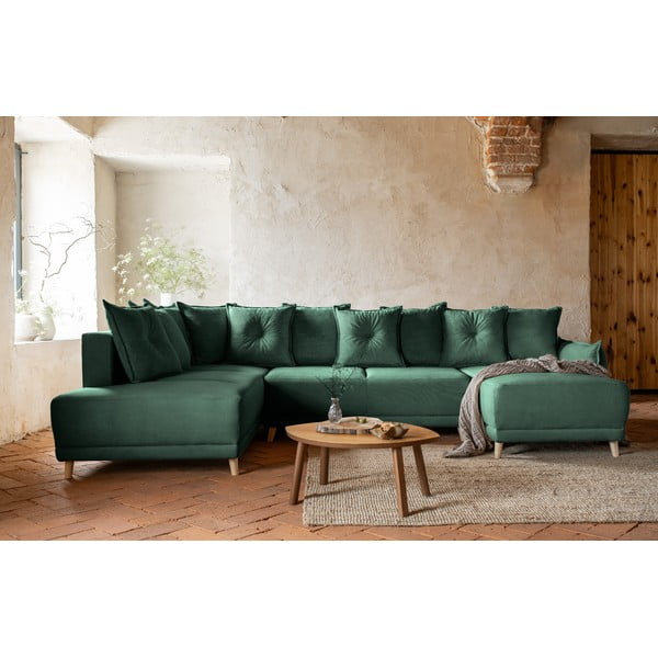 Zöld kordbársony kinyitható sarokkanapé (bal oldali-U alakú) Lazy Lukka – Miuform-image-4