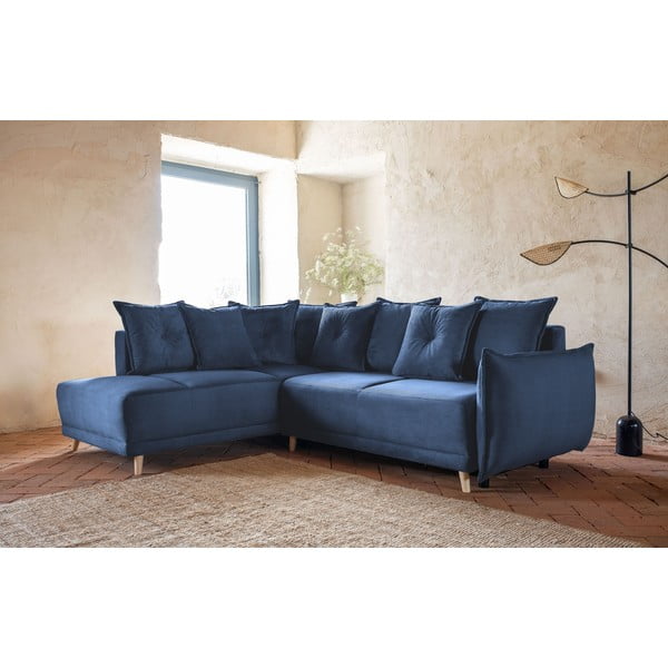 Sötétkék kordbársony kinyitható sarokkanapé (bal oldali) Lazy Lukka – Miuform-image-3