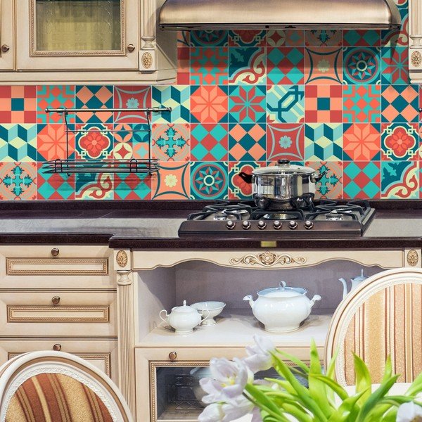 Wall Stickers Tiles Azulejos Colorful Vintage Style 16 db-os falmatrica szett, 10 x 10 cm - Ambiance-image-2