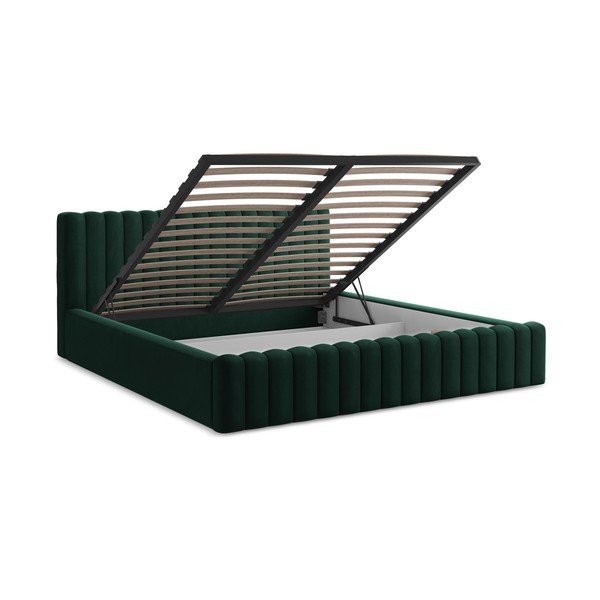 Sötétzöld kárpitozott ágyneműtartós franciaágy ágyráccsal 140x200 cm Lemi – Makamii-image-3