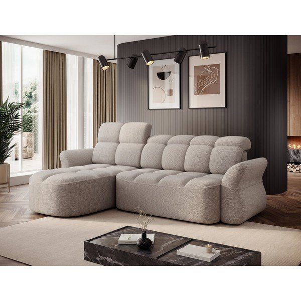 Bézs buklé kinyitható-tárolóhelyes sarokkanapé (bal oldali-heverő résszel) Beneth – ELTAP-image-3