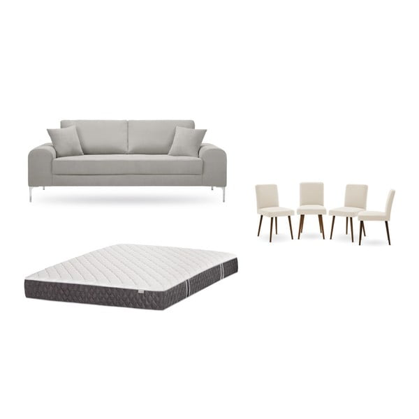 Világosszürke, háromszemélyes kanapé, 4 db krémszínű szék, matrac (160 x 200 cm) szett - Home Essentials