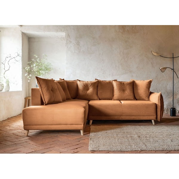 Téglavörös kordbársony kinyitható sarokkanapé (bal oldali) Lazy Lukka – Miuform-image-1