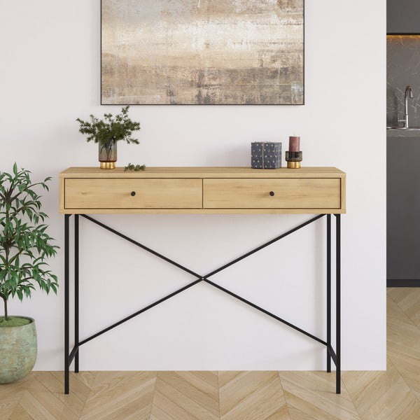 Natúr színű konzolasztal tölgyfa dekoros asztallappal 35x110 cm Titan – Marckeric-image-1