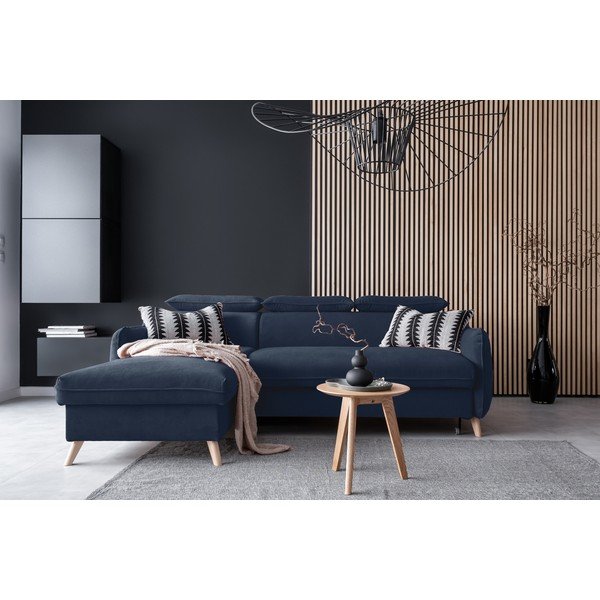 Sötétkék bársony kinyitható sarokkanapé (bal oldali) Sweet Harmony – Miuform-image-1