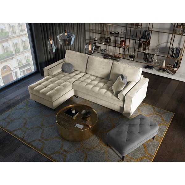 Santo bézs kinyitható bársony sarokkanapé, bal oldali - Milo Casa-image-1