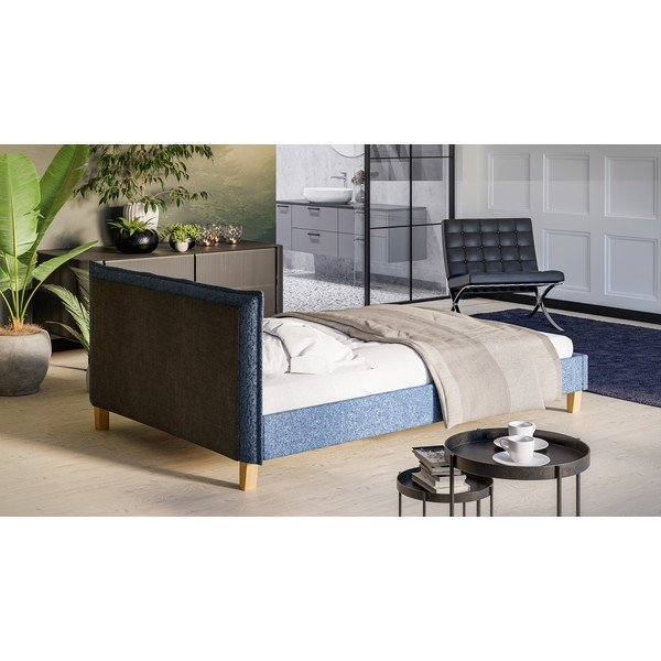 Kék kárpitozott franciaágy ágyráccsal 140x200 cm Tina – Ropez-image-3