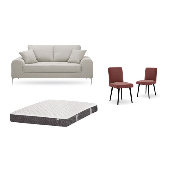 Krémszínű, kétszemélyes kanapé, 2 db téglapiros szék és matrac (140 x 200 cm) szett - Home Essentials