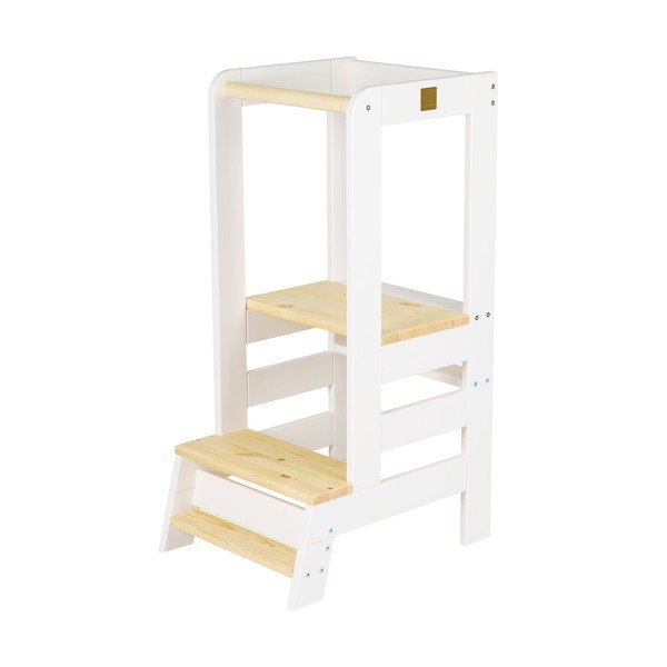 Fehér-natúr színű borovi fenyő tanulótorony Montessori – Meowbaby