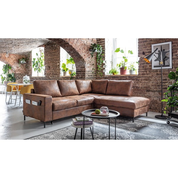 Barna bőrutánzat kinyitható sarokkanapé (jobb oldali) Lofty Lilly – Miuform-image-3