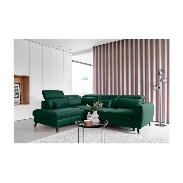 Zöld bársony kinyitható-tárolóhelyes sarokkanapé (bal oldali-L alakú) Noble – ELTAP-image-1