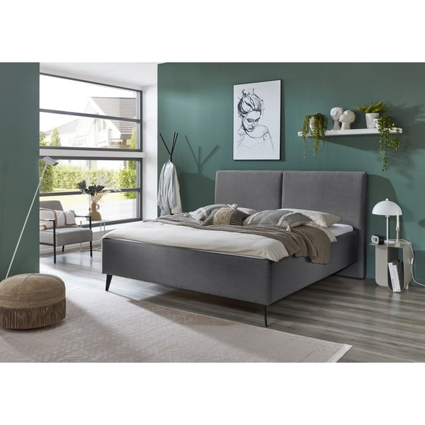 Szürke kárpitozott ágyneműtartós franciaágy ágyráccsal 180x200 cm Lando – Meise Möbel-image-1
