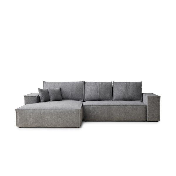 Szürke zsenília kinyitható-tárolóhelyes sarokkanapé (bal oldali-heverő résszel) Maze – Maison de Rêve
