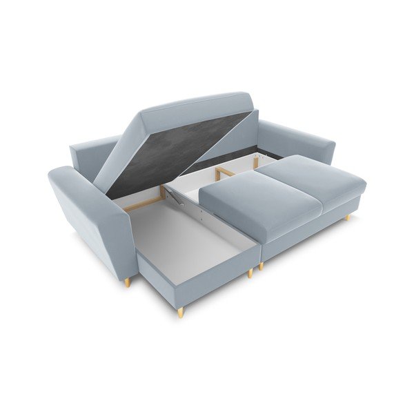 Világoskék bársony kinyitható tárolóhelyes sarokkanapé Kyoto – Cosmopolitan Design-image-2