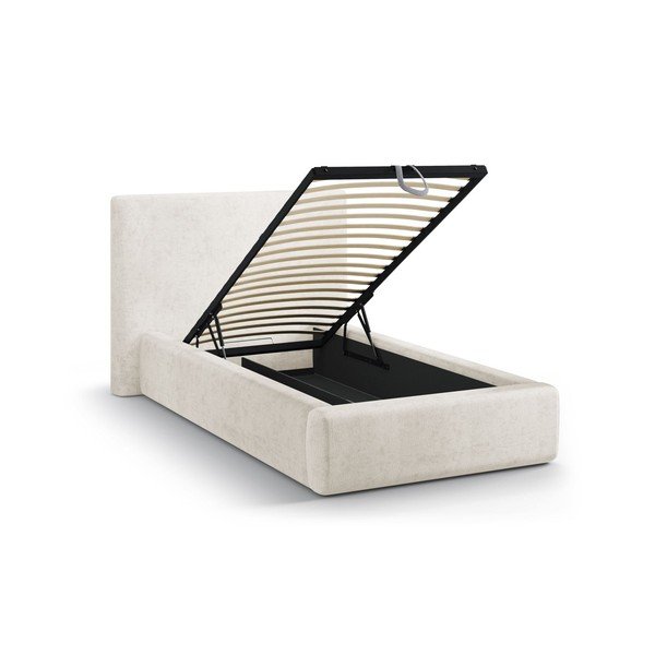 Krémszínű kárpitozott ágyneműtartós egyszemélyes ágy ágyráccsal 90x200 cm Amy – Micadoni -image-1