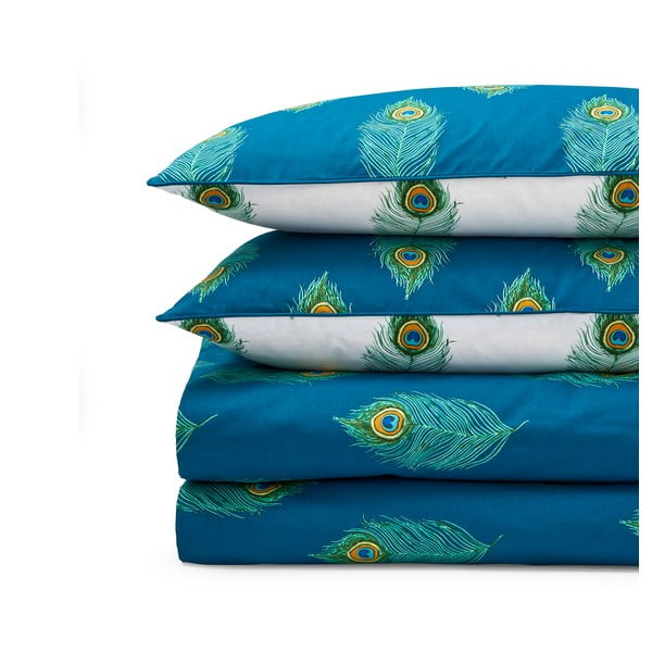 Fehér-kékeszöld egyszemélyes pamut ágyneműhuzat 135x200 cm Peacock Feather – Their Nibs