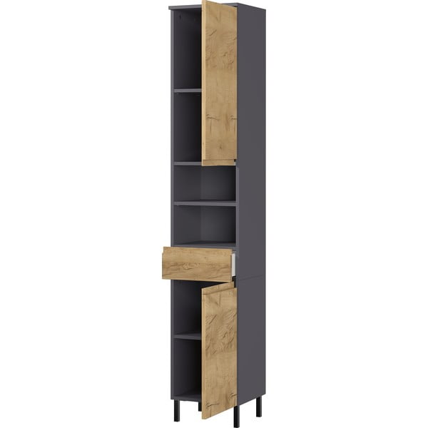 Sötétszürke magas fürdőszoba szekrény tölgyfa dekorral 34x190 cm Salinas - Germania-image-1