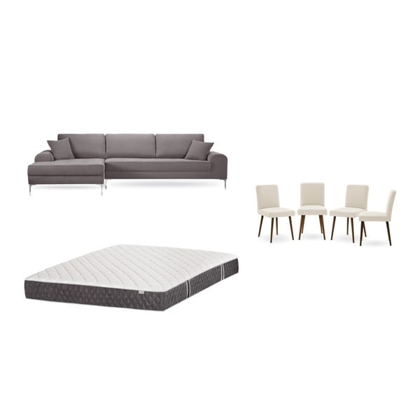 Barna baloldali sarokkanapé, 4 db krémszínű szék, matrac (160 x 200 cm) szett - Home Essentials